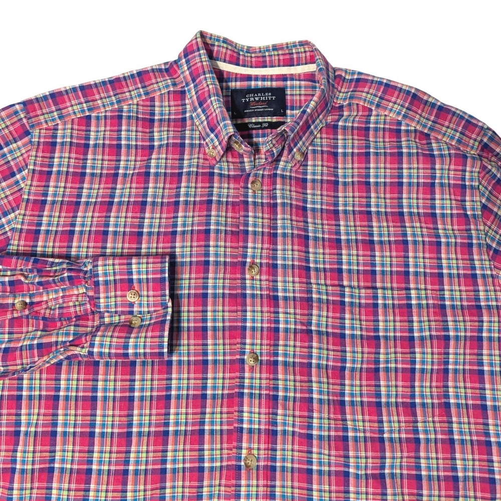 Charles Tyrwhitt Weekend Mens Large Classic Fit Cotton Linen Plaid Shirt Pink